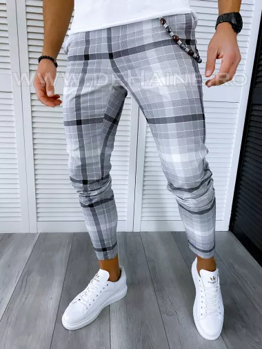 Pantaloni barbati casual regular fit gri in carouri B1898 10-3 E* F3-4